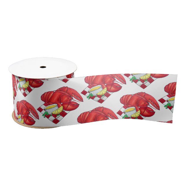 ME Maine Lobster Shack Seafood Dinner Red Gingham Satin Ribbon (Spool)