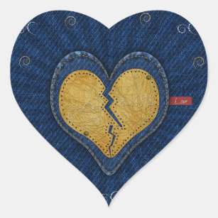 Me-you broken leather and jeans fabric heart heart sticker