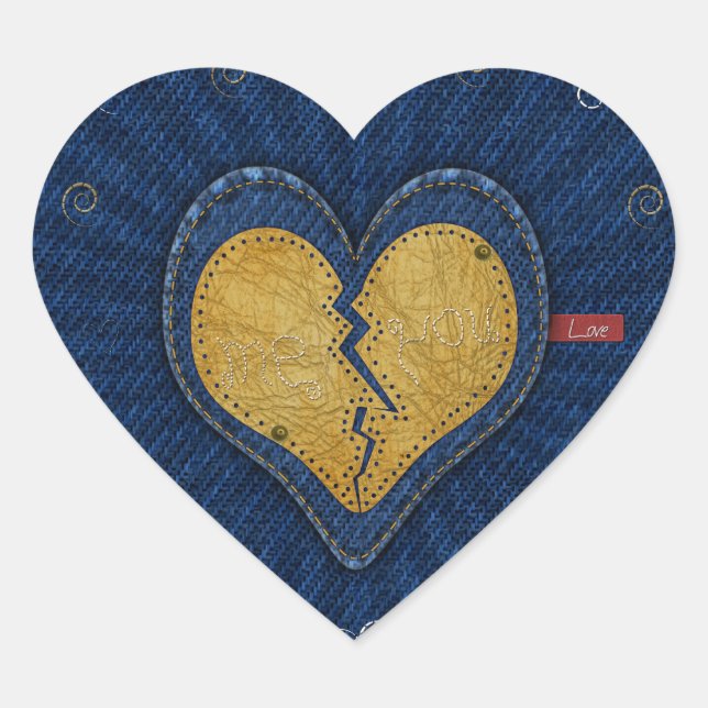 Me-you broken leather and jeans fabric heart heart sticker (Front)