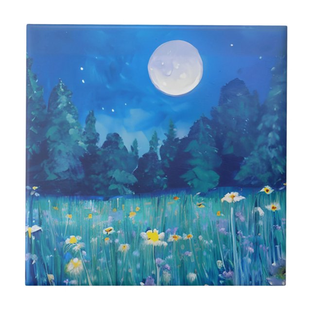 Meadow and Forest Under a Full Moon Ceramic Tile (Front)
