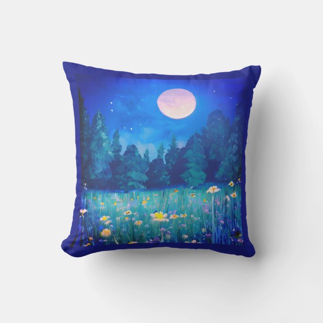 Meadow and Forest Under a Full Moon Cushion (Front)