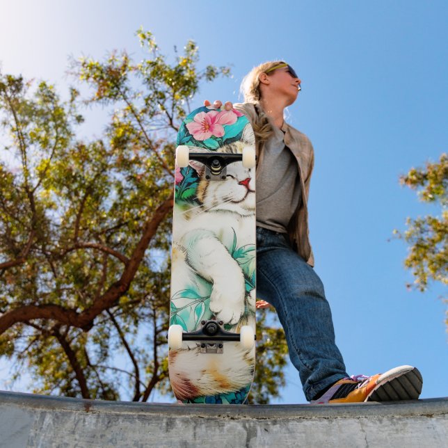 Meadow Blossom Cat Bliss Watercolor Skateboard (Outdoor 1)