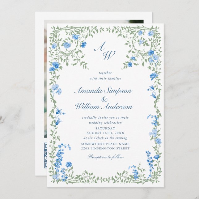 Meadow Blue French Roses Wedding QR code Photo Invitation (Front/Back)