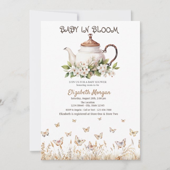 Meadow Butterflies Teapot Baby Shower Invitation (Front)