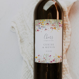 Meadow Colourful Wildflower Cheers Wedding Wine Label