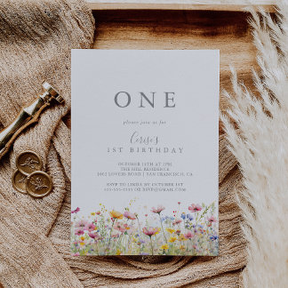 Meadow Colourful Wildflower First Birthday Party Invitation