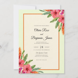Meadow Coral Hibiscus Tropical Eucalyptus Wedding Invitation
