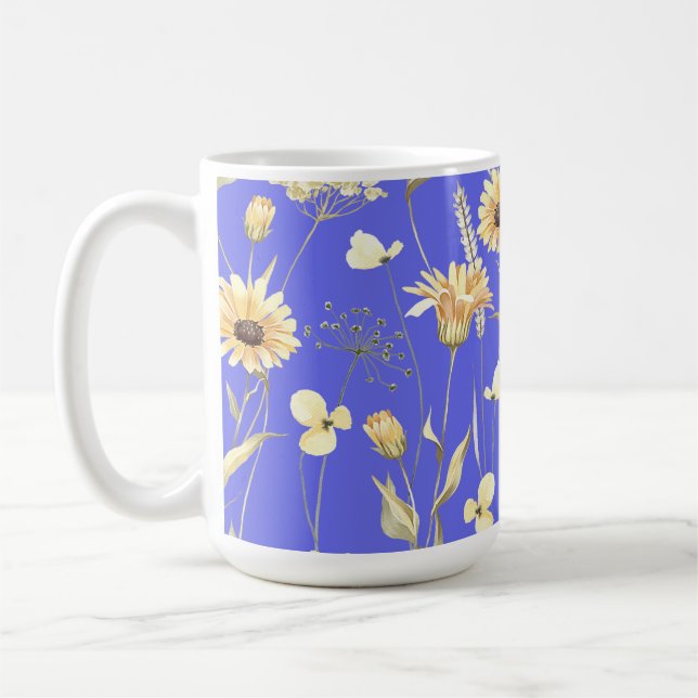 Meadow cottage country print blue coffee mug (Left)
