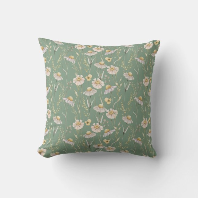 Meadow cottage country print on green cushion (Front)