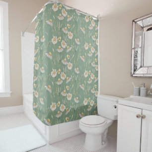 Meadow cottage country print on green shower curtain