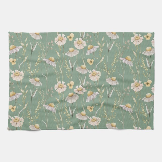 Meadow cottage country print on green  tea towel (Horizontal)