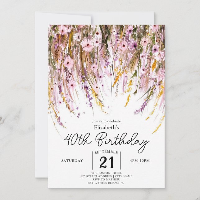 Meadow Custom Wildflowers 40th birthday Invitation (Front)