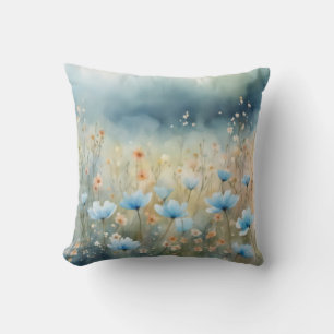 Meadow Dreams Soft Blue Wildflower Watercolor Cushion