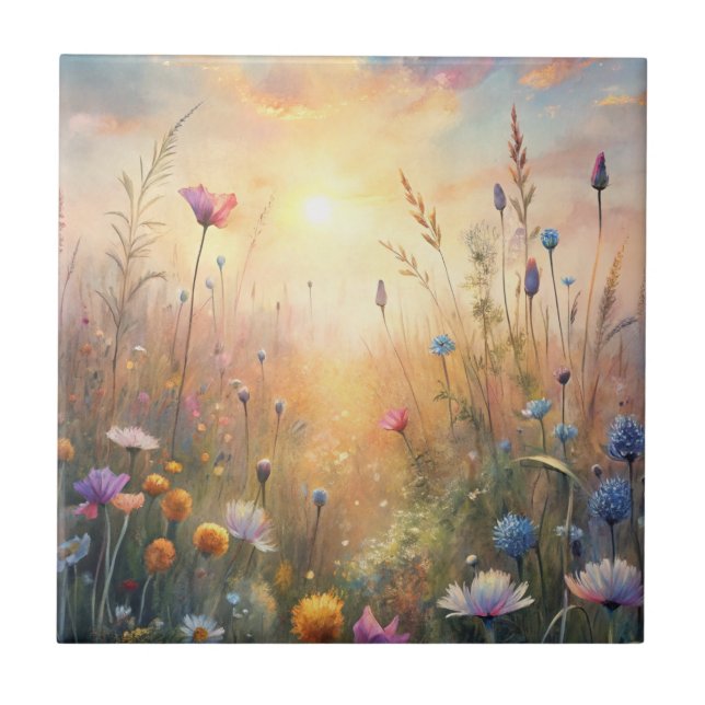 Meadow Flowers and Butterflies Ceramic Tile (Front)