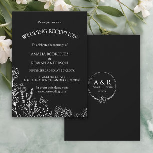Meadow Flowers Black and White Wedding Reception Invitation