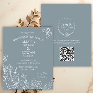 Meadow Flowers Blue Grey Wedding Budget Invite