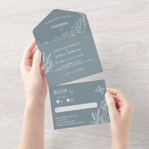 Meadow Flowers Blue Grey Wedding RSVP All In One Invitation