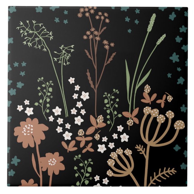 Meadow Flowers Dark Background Ceramic Tile (Front)