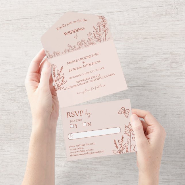 Meadow Flowers Misty Rose Wedding RSVP All In One Invitation (Tearaway)