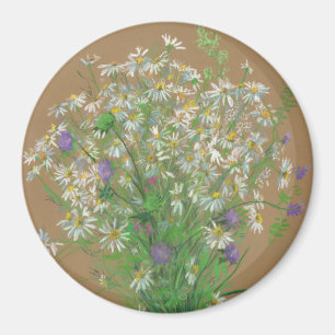 Meadow flowers, pastel painting, white daisies magnet