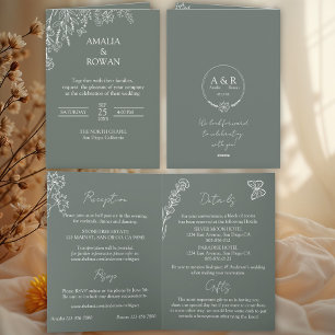 Meadow Flowers Sirocco Green All-in-one Wedding Invitation