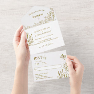 Meadow Flowers White and Gold Wedding RSVP All In One Invitation