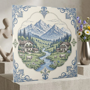 Meadow Grazing Cow Rustic Blue Mountain Scenic Art Ceramic Tile
