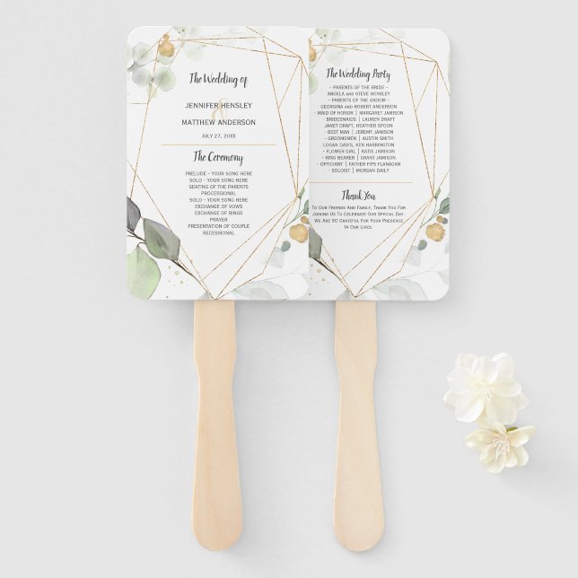 Meadow Green and Gold Botanical Frame Wedding Hand Fan (Front and Back)