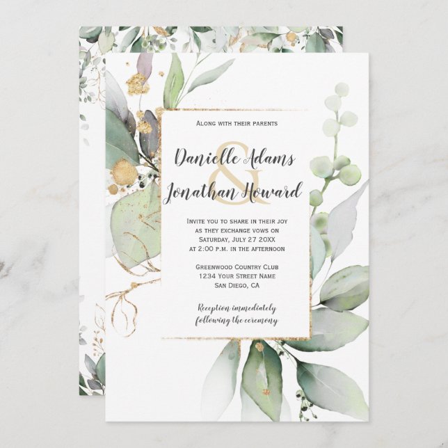 Meadow Green and Gold Leaves Geometric Wedding Inv Invitation (Front/Back)