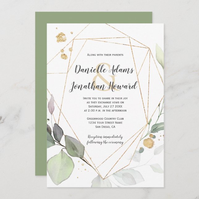 Meadow Green and Gold Leaves Geometric Wedding Invitation (Front/Back)