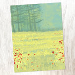 Meadow Landscape Painting Postcard<br><div class="desc">A modern contemporary landscape painting featuring a peaceful flower filled summer meadow with birds flying against the sky and a forest of pine trees in the distance.  Fresh and uplifting yellow and green colours. Original art by Nic Squirrell.</div>