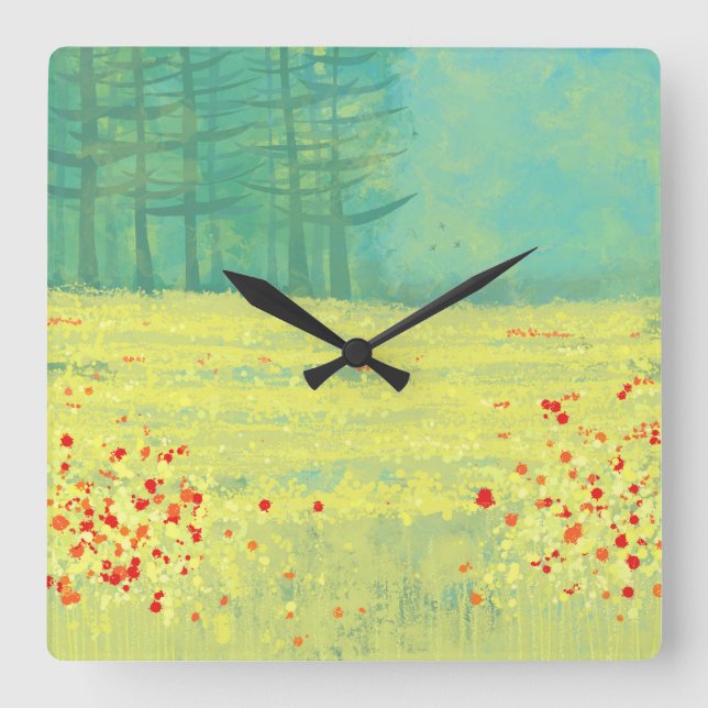 Meadow Landscape Painting Square Wall Clock (Front)