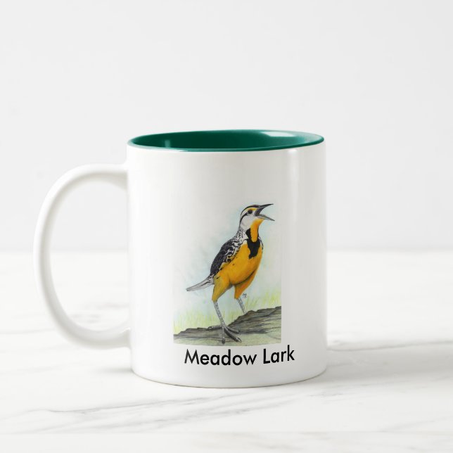 Meadow Lark 2 sided mug with green interior (Left)