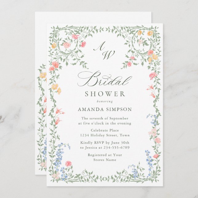 Meadow Pastel French Roses Floral Bridal Shower Invitation (Front/Back)