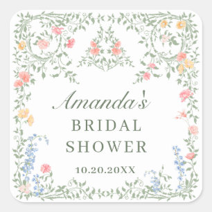 Meadow Pastel French Roses Floral Bridal Shower Square Sticker