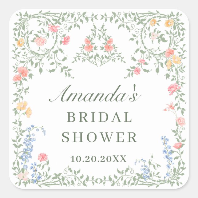 Meadow Pastel French Roses Floral Bridal Shower Square Sticker (Front)