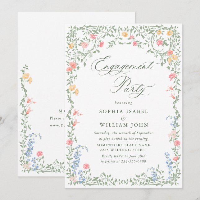 Meadow Pastel French Roses Floral ENGAGEMENT PARTY Invitation (Front/Back)