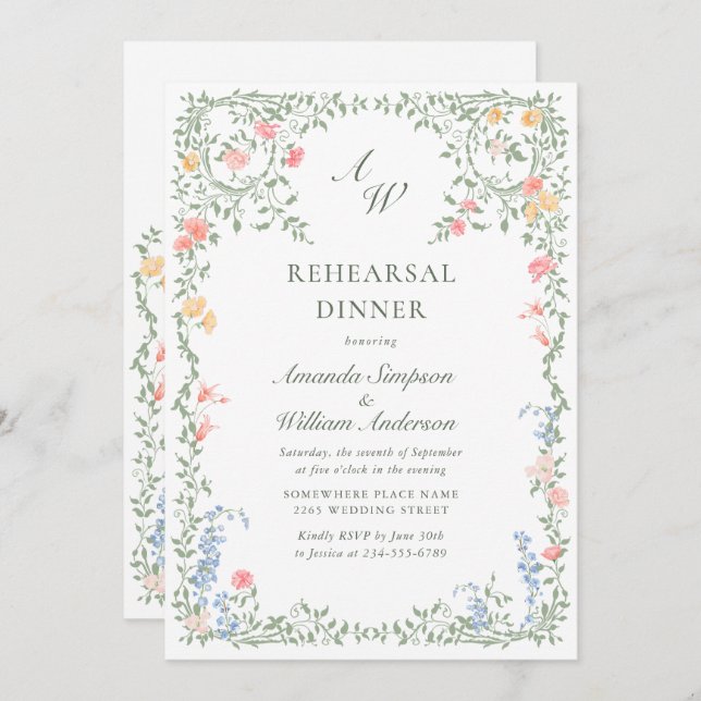 Meadow Pastel French Roses Floral Rehearsal Dinner Invitation (Front/Back)