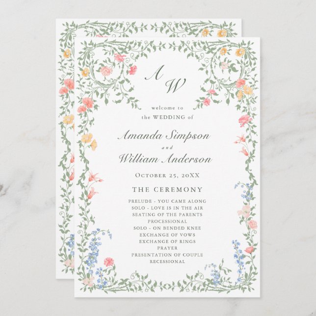 Meadow Pastel French Roses Floral Wedding Ceremony Program (Front/Back)