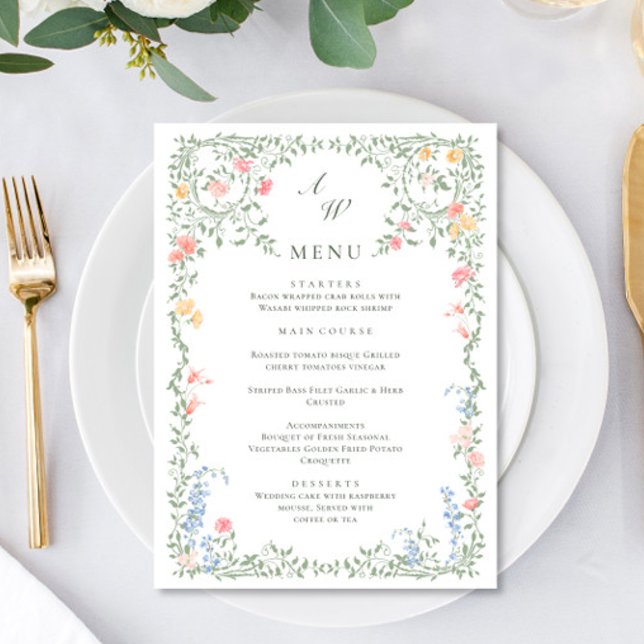 Meadow Pastel French Roses Floral Wedding Dinner Menu (Creator Uploaded)