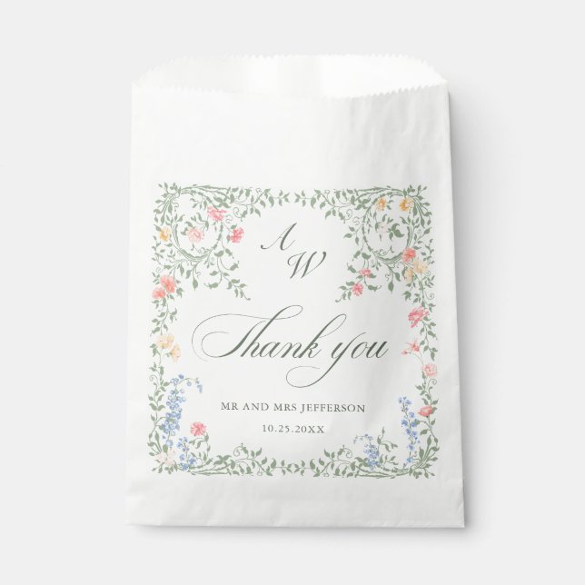 Meadow Pastel French Roses Floral Wedding Favour Bag (Front)
