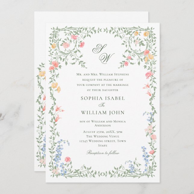 Meadow Pastel French Roses Floral Wedding Invitation (Front/Back)