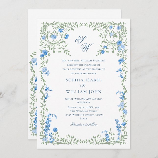 Meadow Pastel French Roses Floral Wedding Invitation (Front/Back)