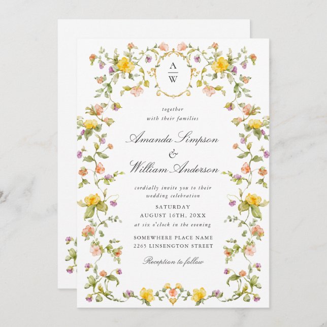 Meadow Pastel French Roses Floral Wedding Invitation (Front/Back)