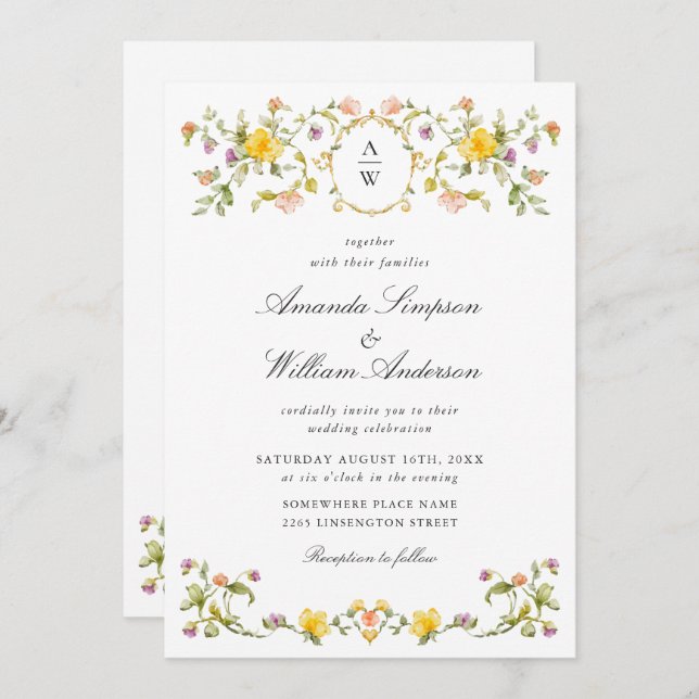 Meadow Pastel French Roses Floral Wedding Invitation (Front/Back)