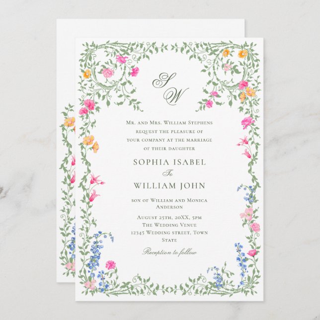 Meadow Pastel French Roses Floral Wedding Invitation (Front/Back)