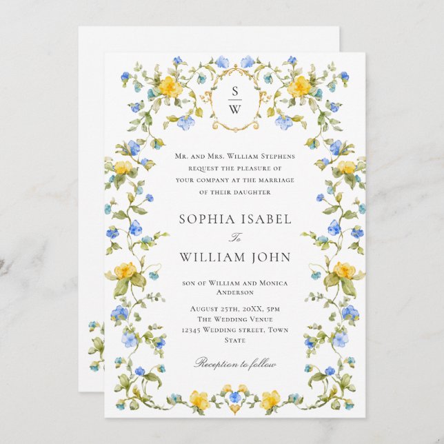 Meadow Pastel French Roses Floral Wedding Invitation (Front/Back)