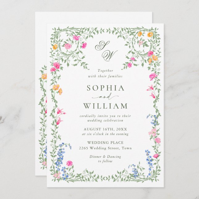 Meadow Pastel French Roses Floral Wedding Invitation (Front/Back)