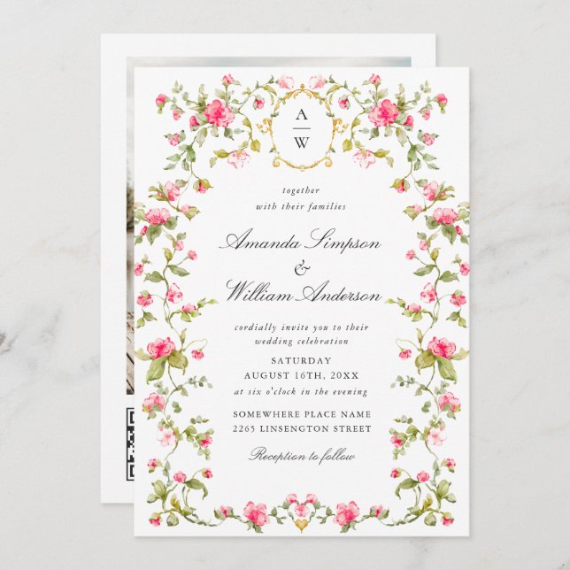 Meadow Pastel French Roses Floral Wedding Invitation (Front/Back)