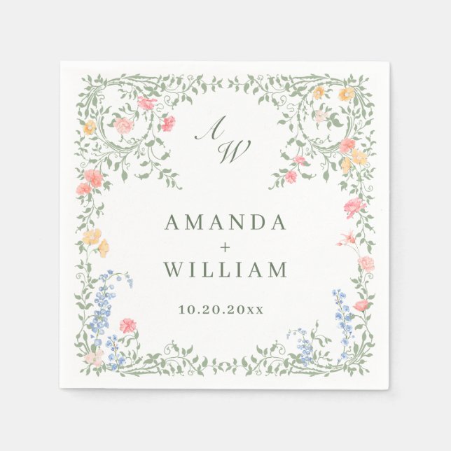 Meadow Pastel French Roses Floral Wedding Napkin (Front)
